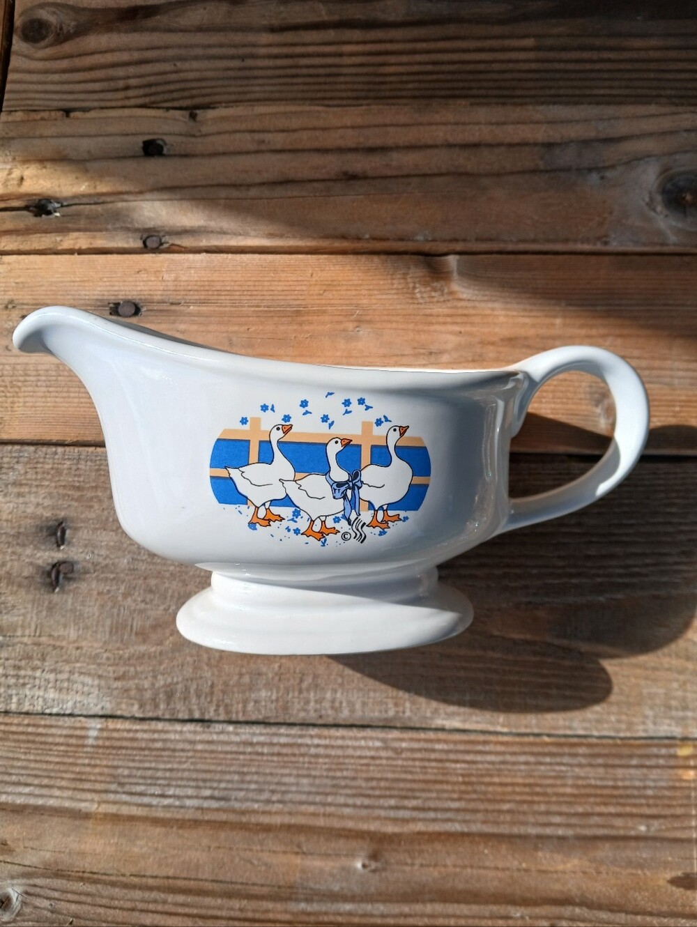 White Ceramic Gravy Boat with Blue & Orange Goose Motif